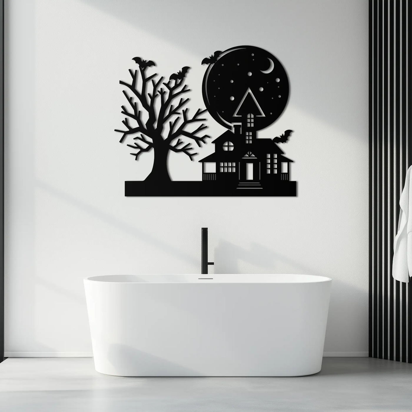 Haunted House and Bat Halloween Metal Wall Art – Spooky Full Moon Scene in Matte Black- KAF370 by Enova Art