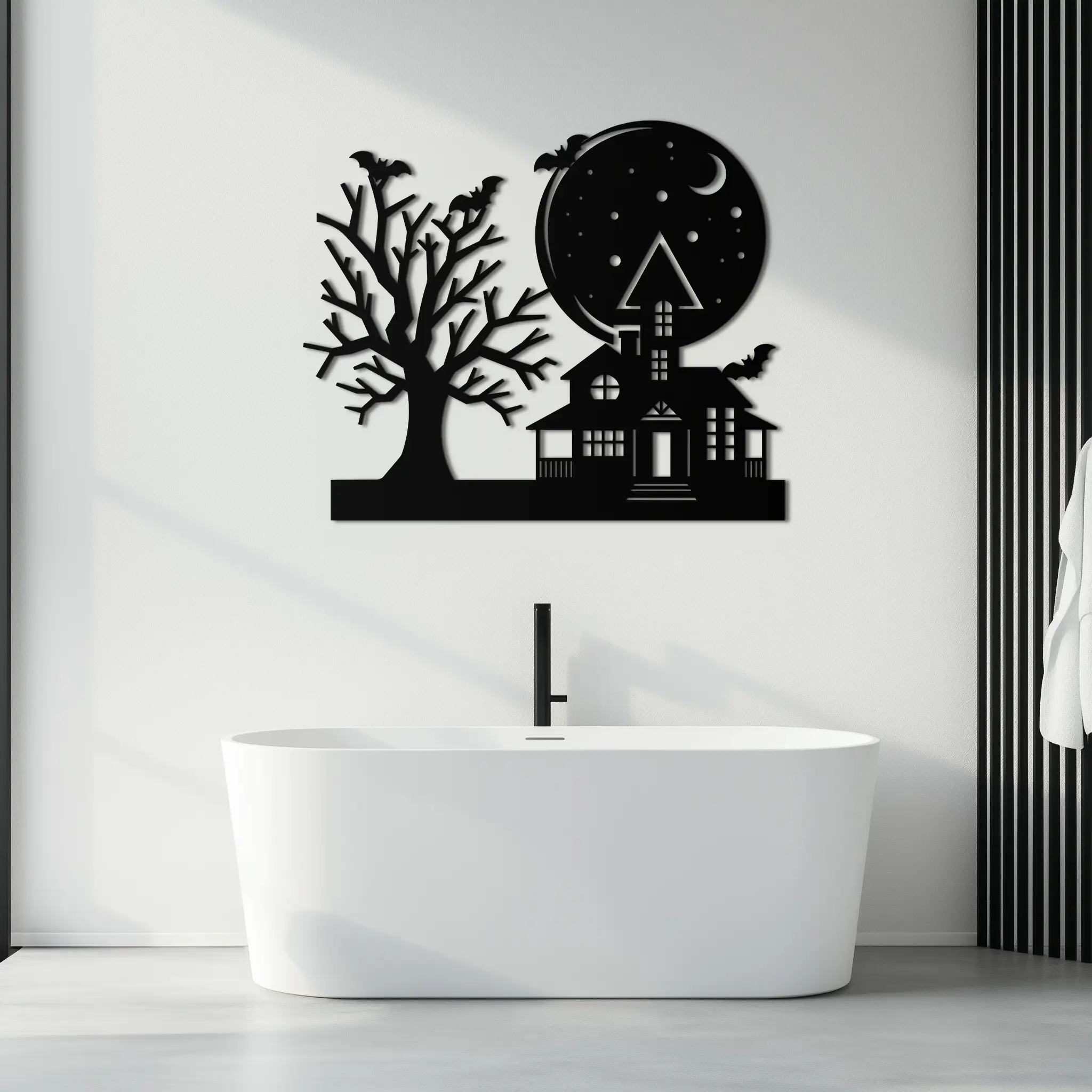 Haunted House and Bat Halloween Metal Wall Art – Spooky Full Moon Scene in Matte Black- KAF370 by Enova Art