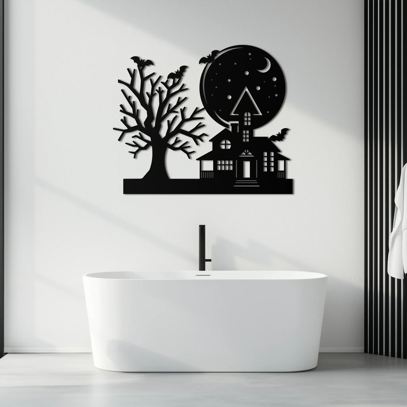 Haunted House and Bat Halloween Metal Wall Art – Spooky Full Moon Scene in Matte Black- KAF370 by Enova Art