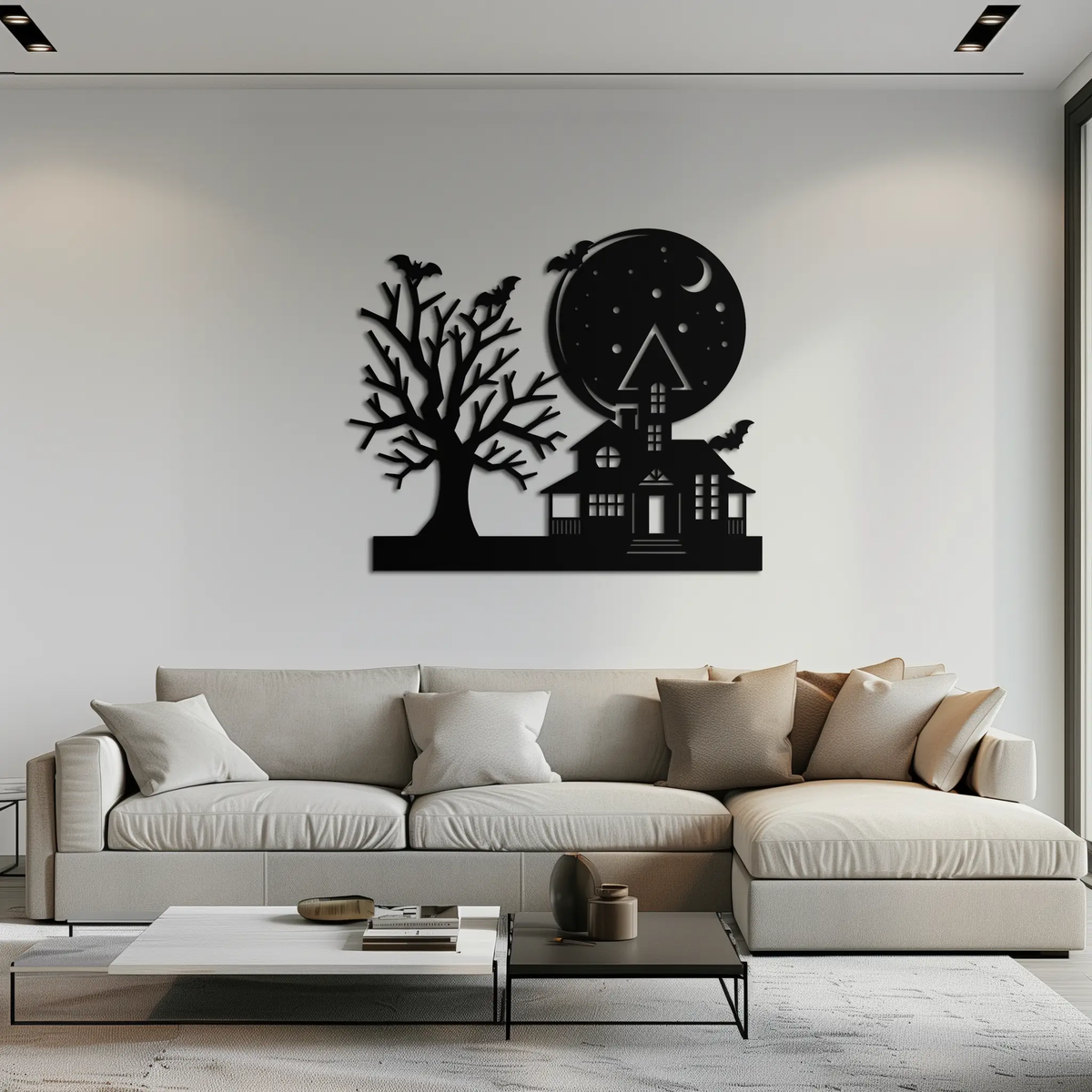 Haunted House and Bat Halloween Metal Wall Art – Spooky Full Moon Scene in Matte Black- KAF370 by Enova Art