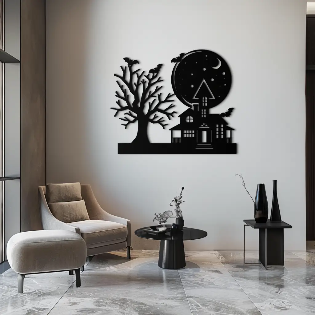 Haunted House and Bat Halloween Metal Wall Art – Spooky Full Moon Scene in Matte Black- KAF370 by Enova Art