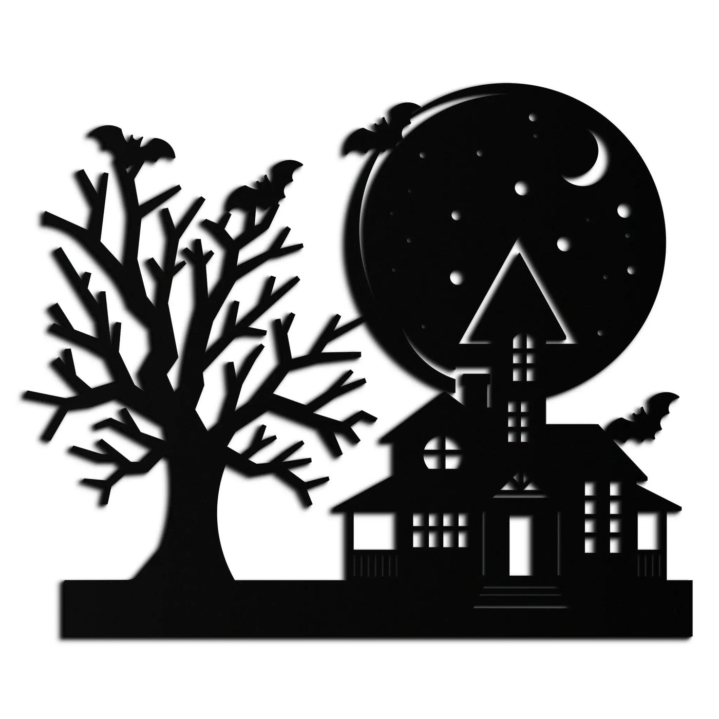 Haunted House and Bat Halloween Metal Wall Art – Spooky Full Moon Scene in Matte Black- KAF370 by Enova Art