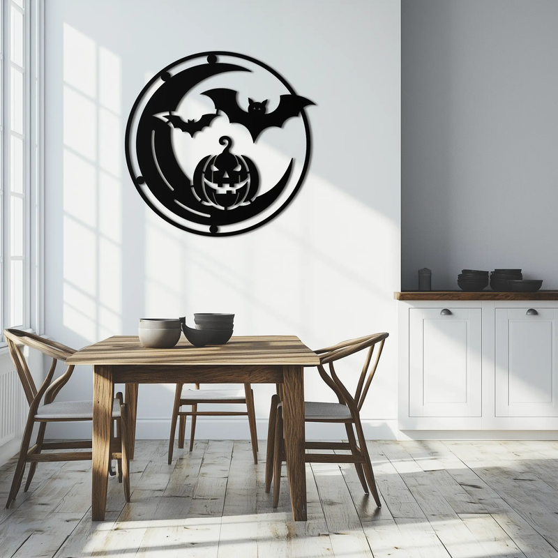 Halloween Bat Pumpkin Metal Wall Art – Spooky Jack-O'-Lantern Steel Decor- KAF371 by Enova Art