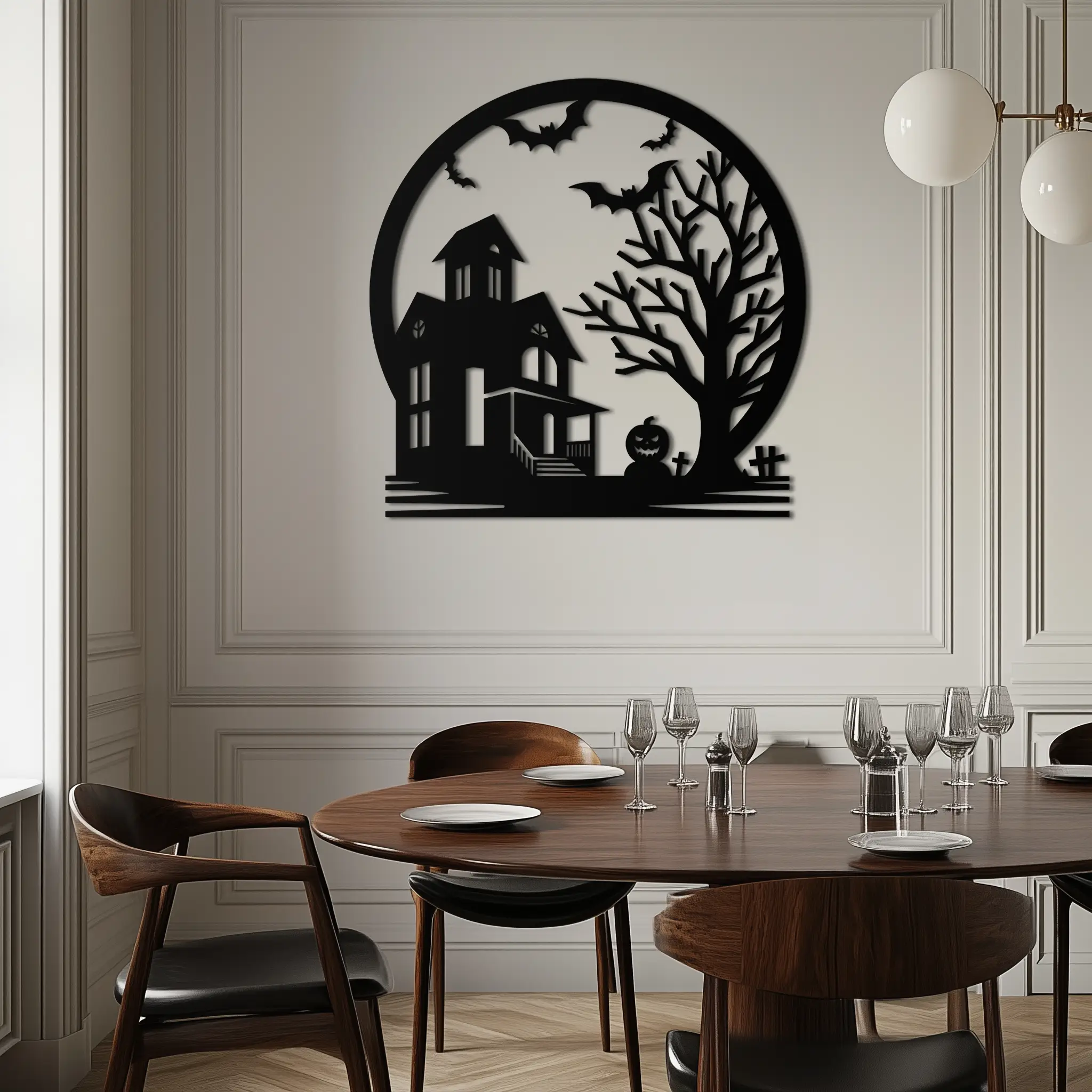 Haunted House & Bat Scene Metal Wall Art – Spooky Halloween Decor- KAF373 by Enova Art