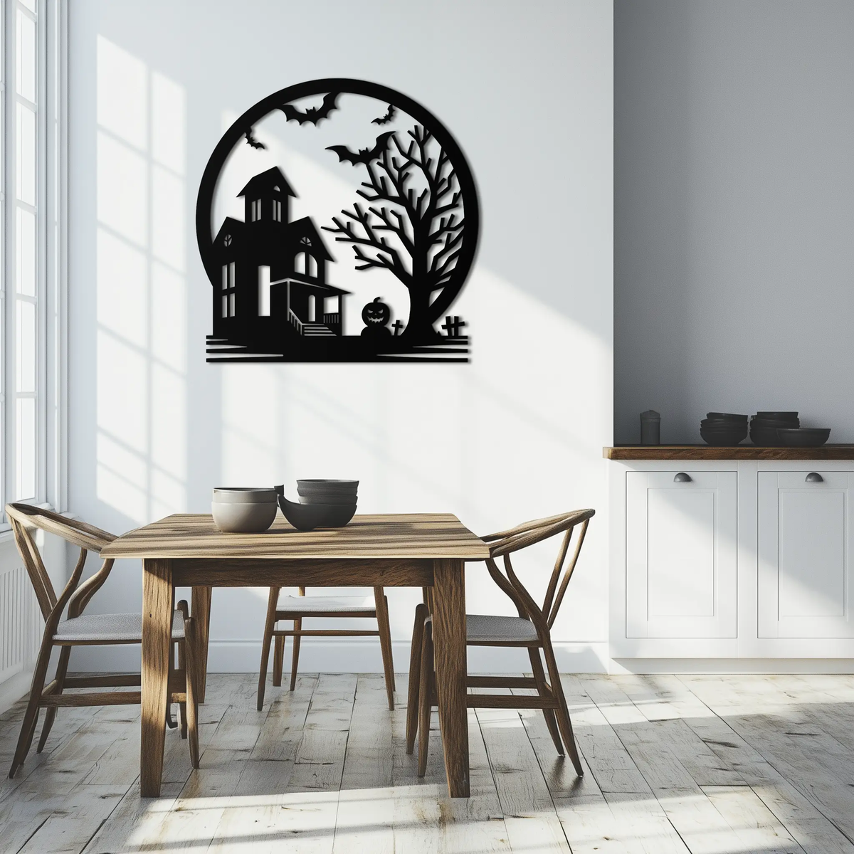 Haunted House & Bat Scene Metal Wall Art – Spooky Halloween Decor- KAF373 by Enova Art