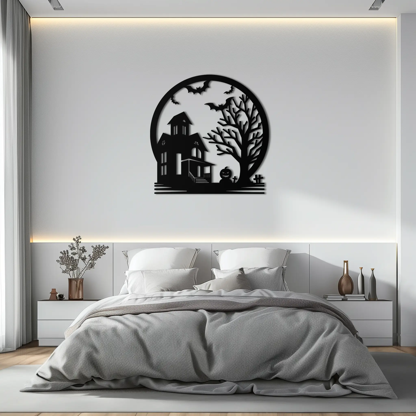 Haunted House & Bat Scene Metal Wall Art – Spooky Halloween Decor- KAF373 by Enova Art