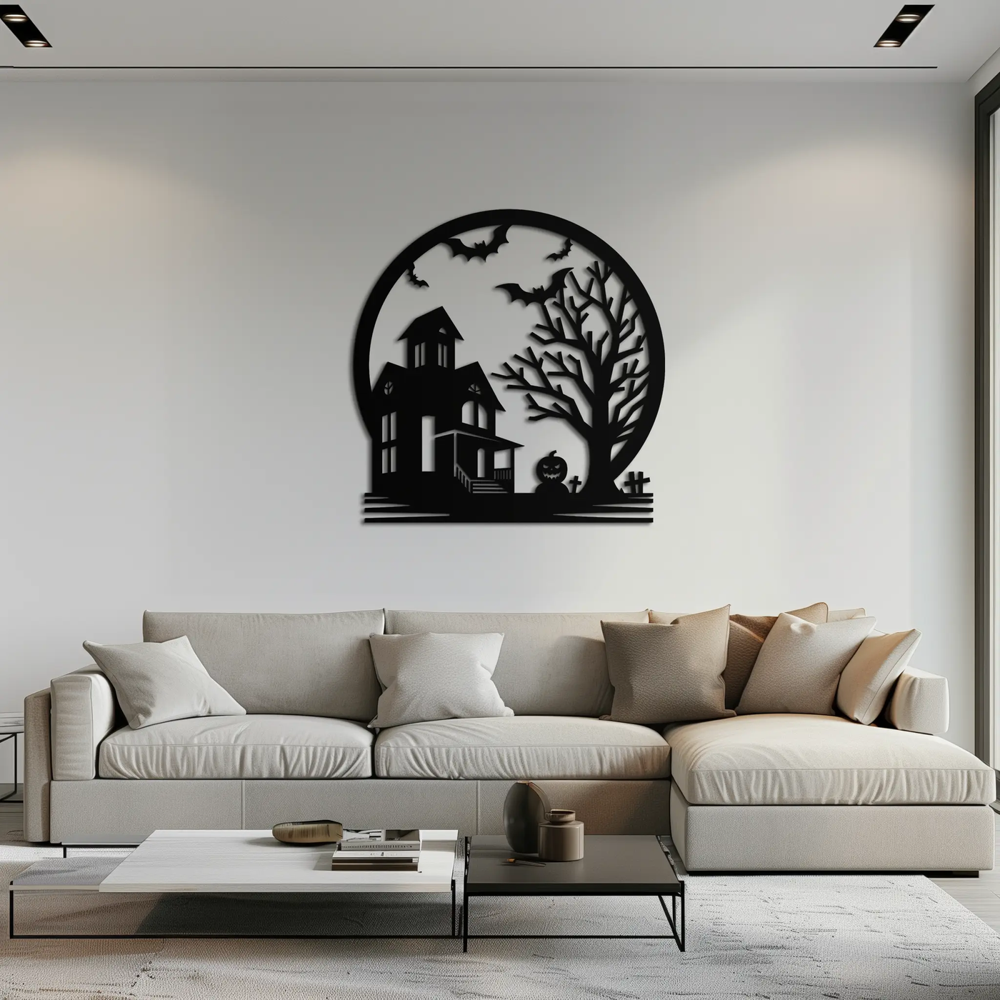 Haunted House & Bat Scene Metal Wall Art – Spooky Halloween Decor- KAF373 by Enova Art