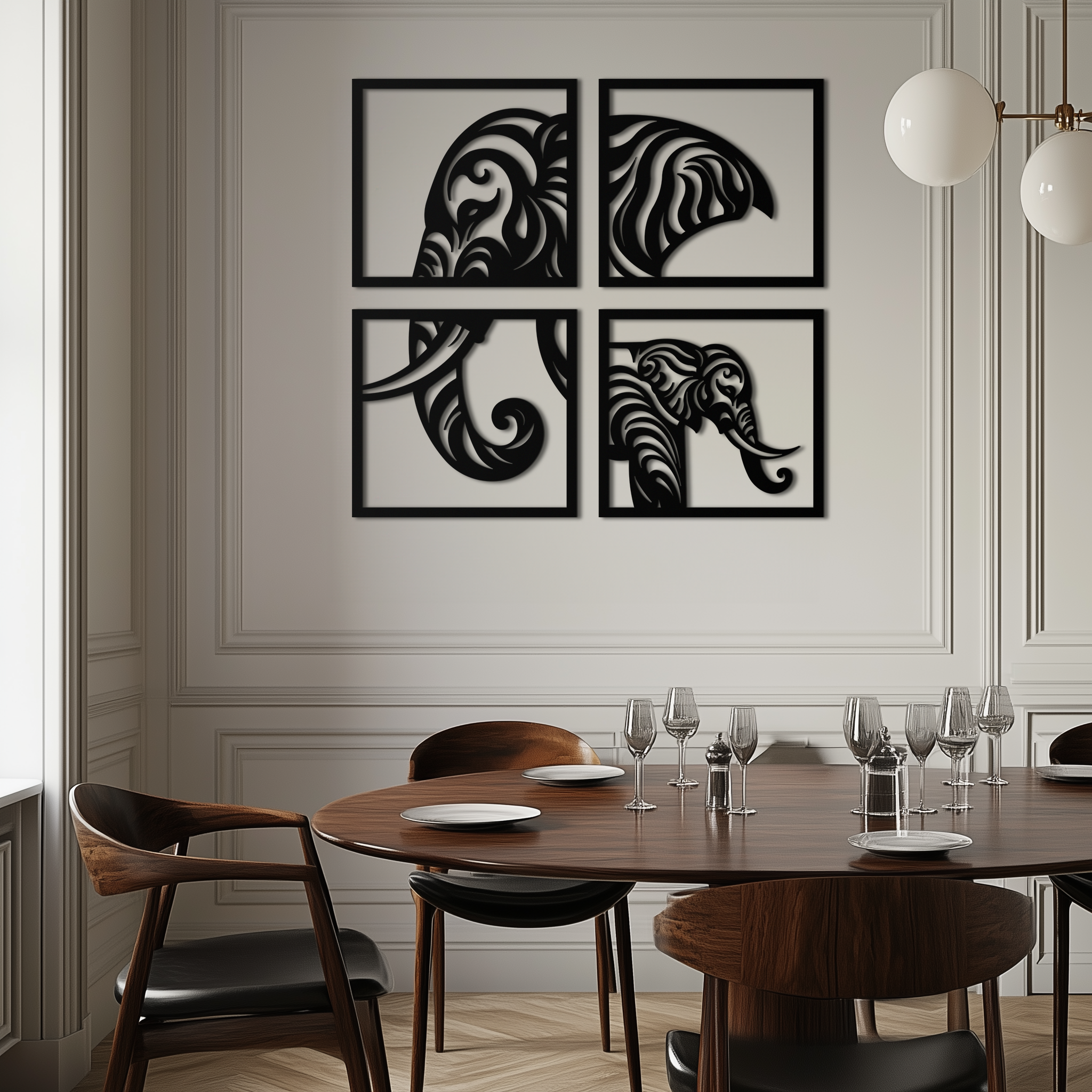 Elephant Silhouette 4-Piece Metal Wall Art – Modern Tribal Design- KAF374 by Enova Art