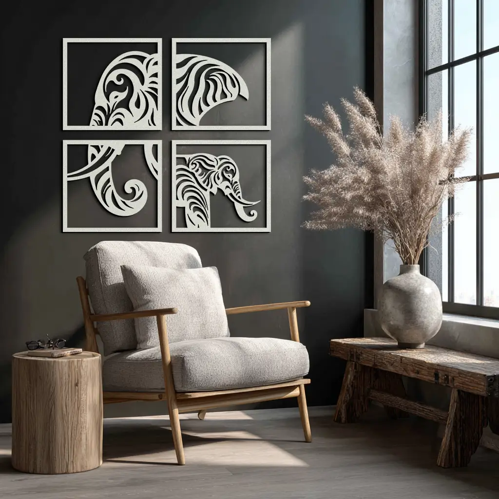 Elephant Silhouette 4-Piece Metal Wall Art – Modern Tribal Design- KAF374 by Enova Art