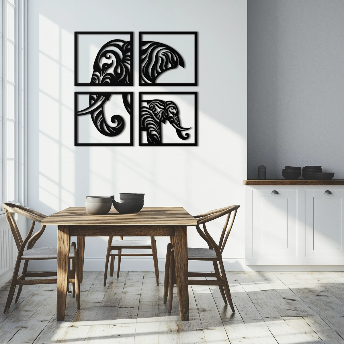 Elephant Silhouette 4-Piece Metal Wall Art – Modern Tribal Design- KAF374 by Enova Art