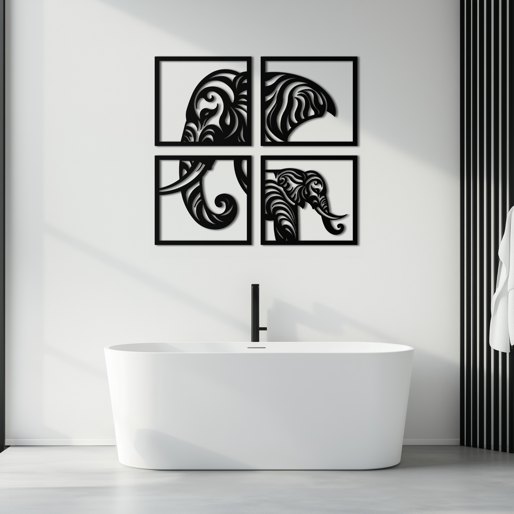 Elephant Silhouette 4-Piece Metal Wall Art – Modern Tribal Design- KAF374 by Enova Art
