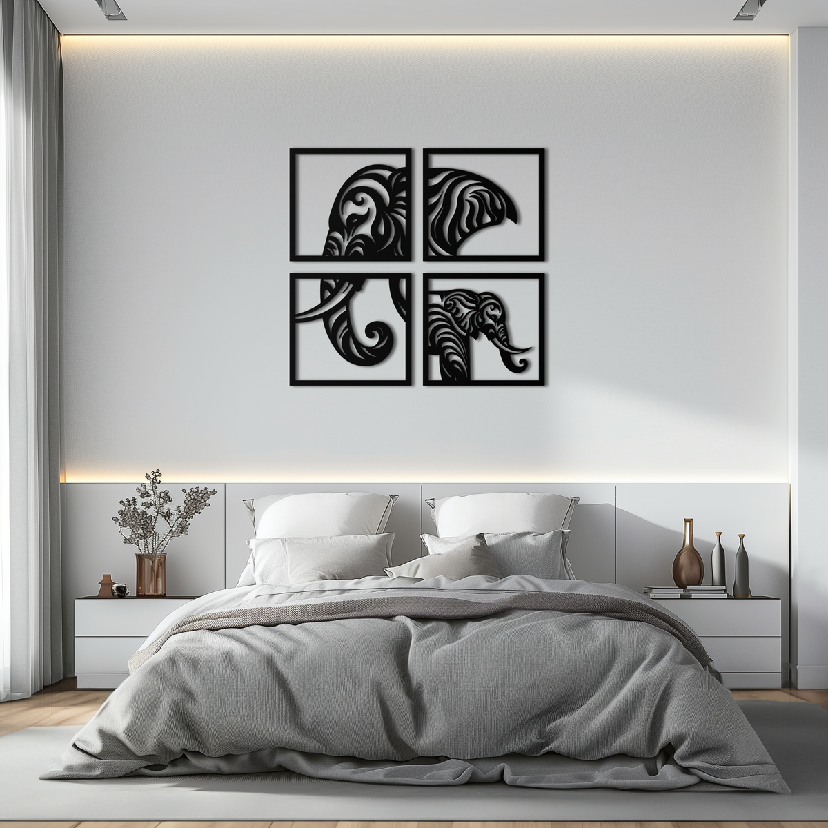Elephant Silhouette 4-Piece Metal Wall Art – Modern Tribal Design- KAF374 by Enova Art
