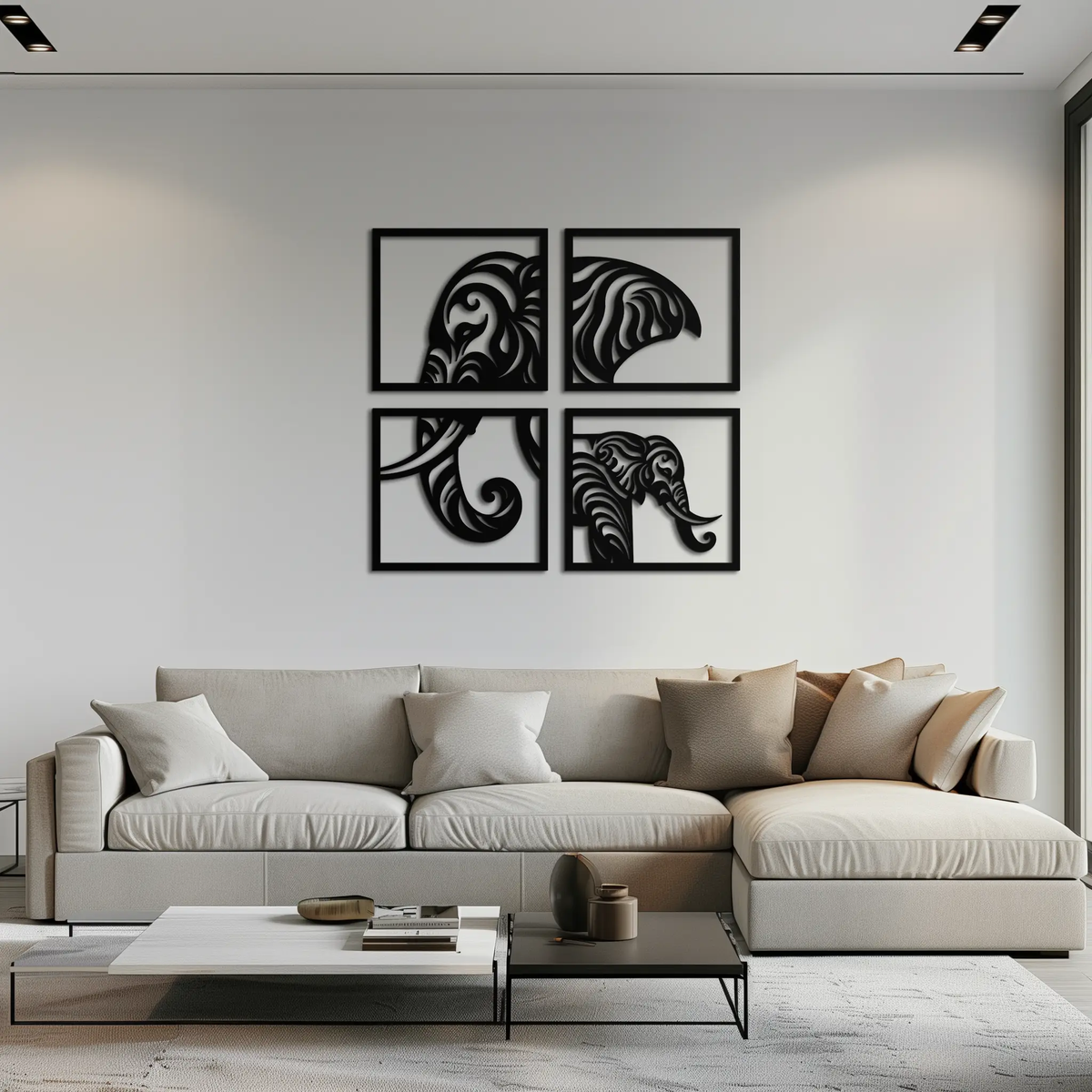 Elephant Silhouette 4-Piece Metal Wall Art – Modern Tribal Design- KAF374 by Enova Art