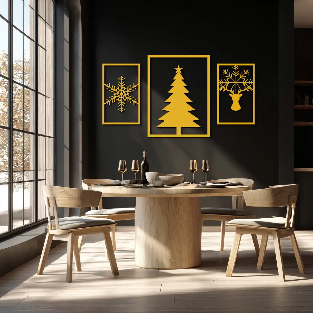 Christmas Tree & Reindeer Metal Wall Art Set – 3 Piece Modern Holiday Decor- KAF377 by Enova Art