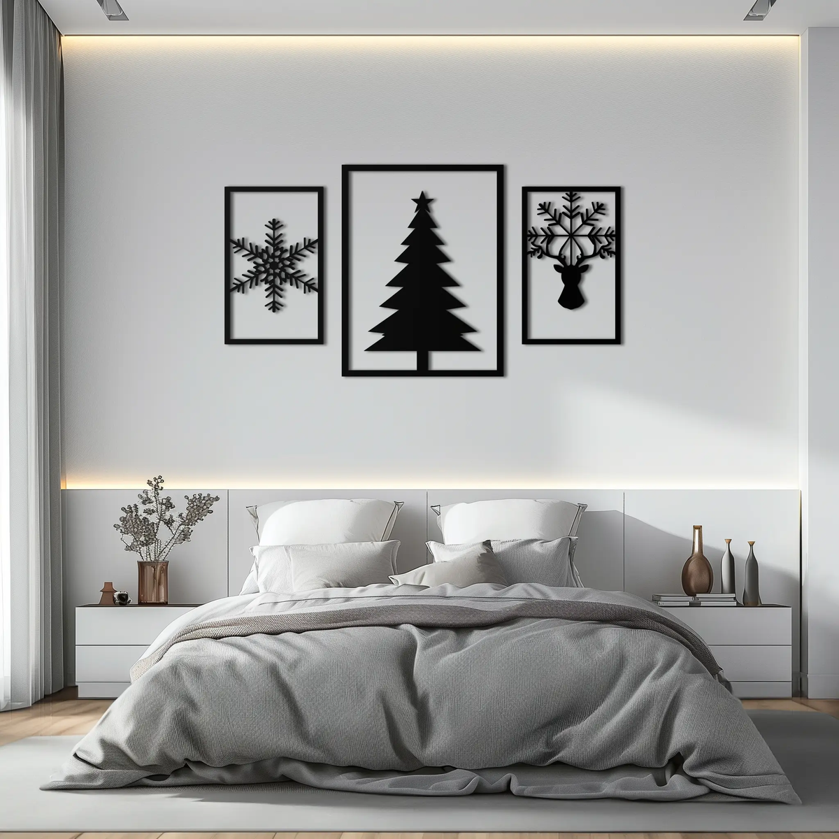 Christmas Tree & Reindeer Metal Wall Art Set – 3 Piece Modern Holiday Decor- KAF377 by Enova Art