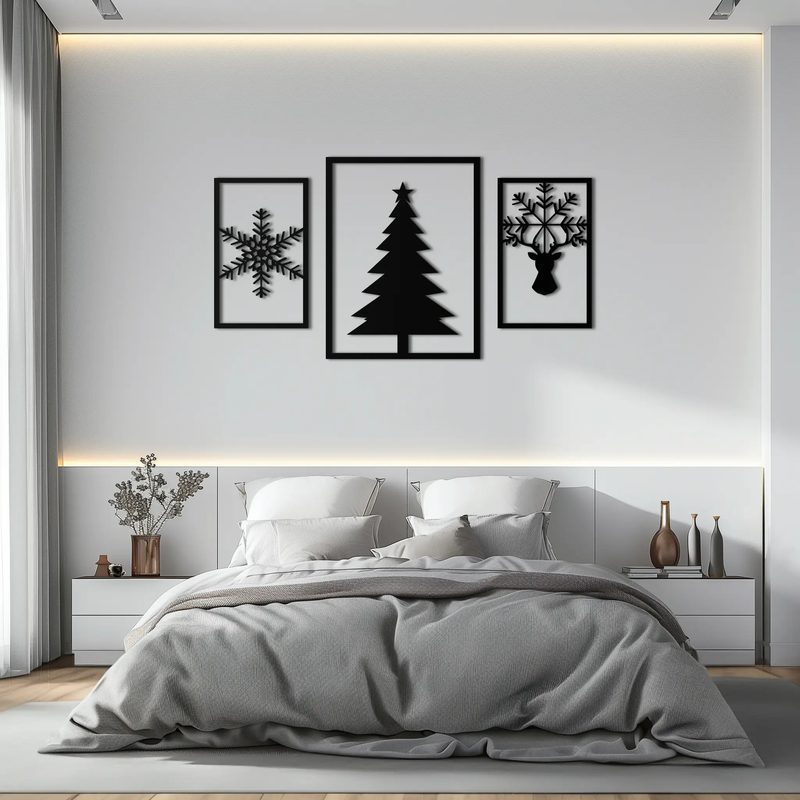 Christmas Tree & Reindeer Metal Wall Art Set – 3 Piece Modern Holiday Decor- KAF377 by Enova Art