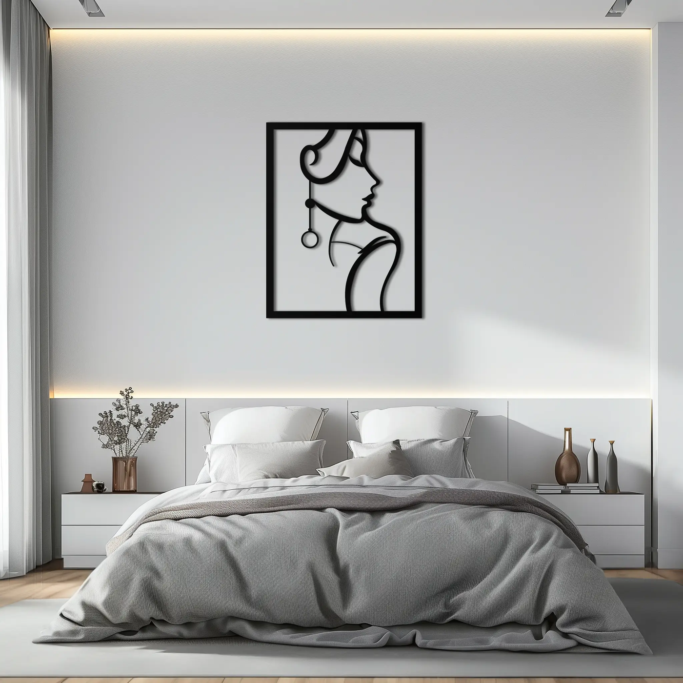Elegant Female Silhouette Metal Wall Art – Graceful Lady Framed Steel Decor- KAF383 by Enova Art
