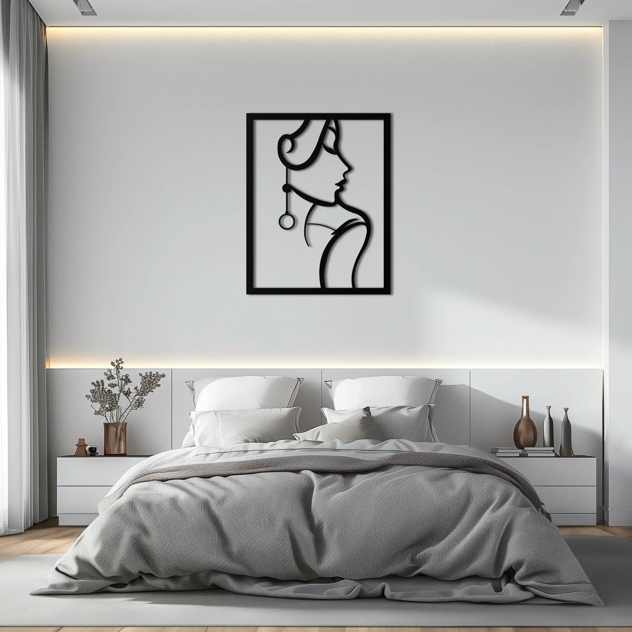 Elegant Female Silhouette Metal Wall Art – Graceful Lady Framed Steel Decor- KAF383 by Enova Art