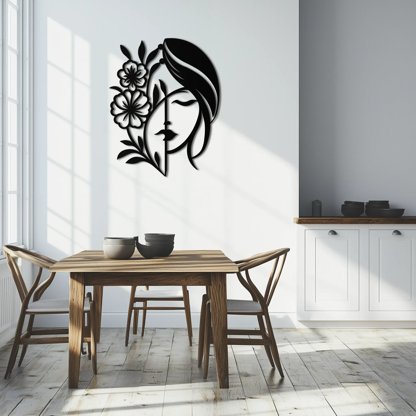 Woman with Flower Metal Wall Art – Elegant Female Silhouette Steel Decor- KAF385 by Enova Art