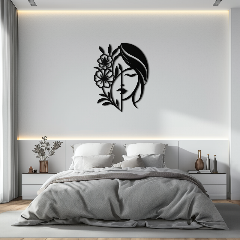 Woman with Flower Metal Wall Art – Elegant Female Silhouette Steel Decor- KAF385 by Enova Art