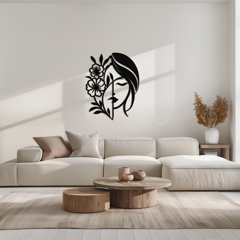 Woman with Flower Metal Wall Art – Elegant Female Silhouette Steel Decor- KAF385 by Enova Art