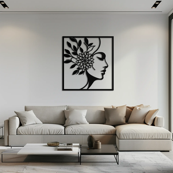 WOMAN WITH FLOWER Metal Wall Art – Modern Silhouette Steel Decor- KAF387