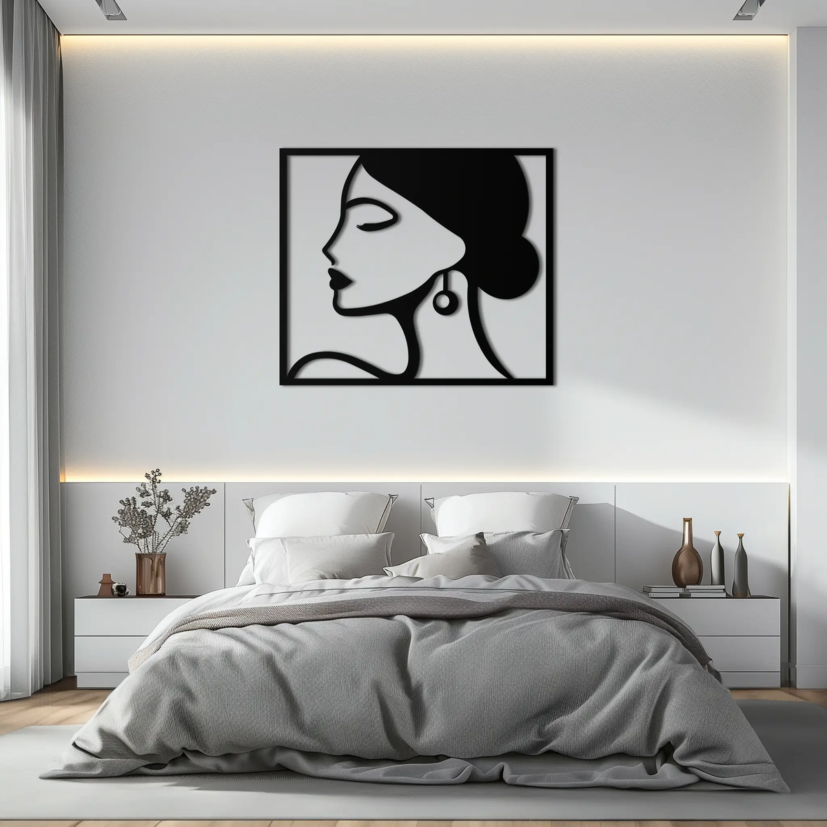 Female Silhouette Metal Wall Art – Elegant Modern Black Abstract Home Decor- KAF389 by Enova Art