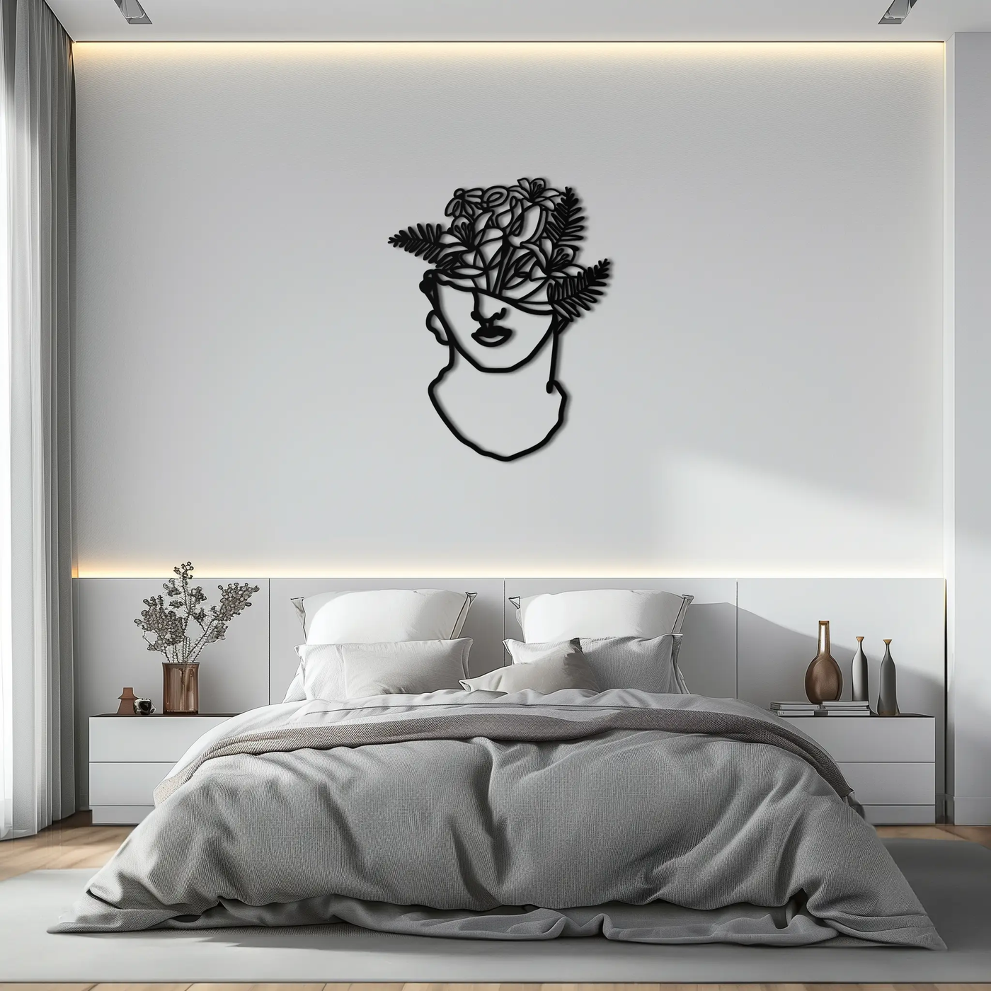 Floral Greek Statue Line Art – Modern Abstract Face Metal Wall Decor- KAF394 by Enova Art