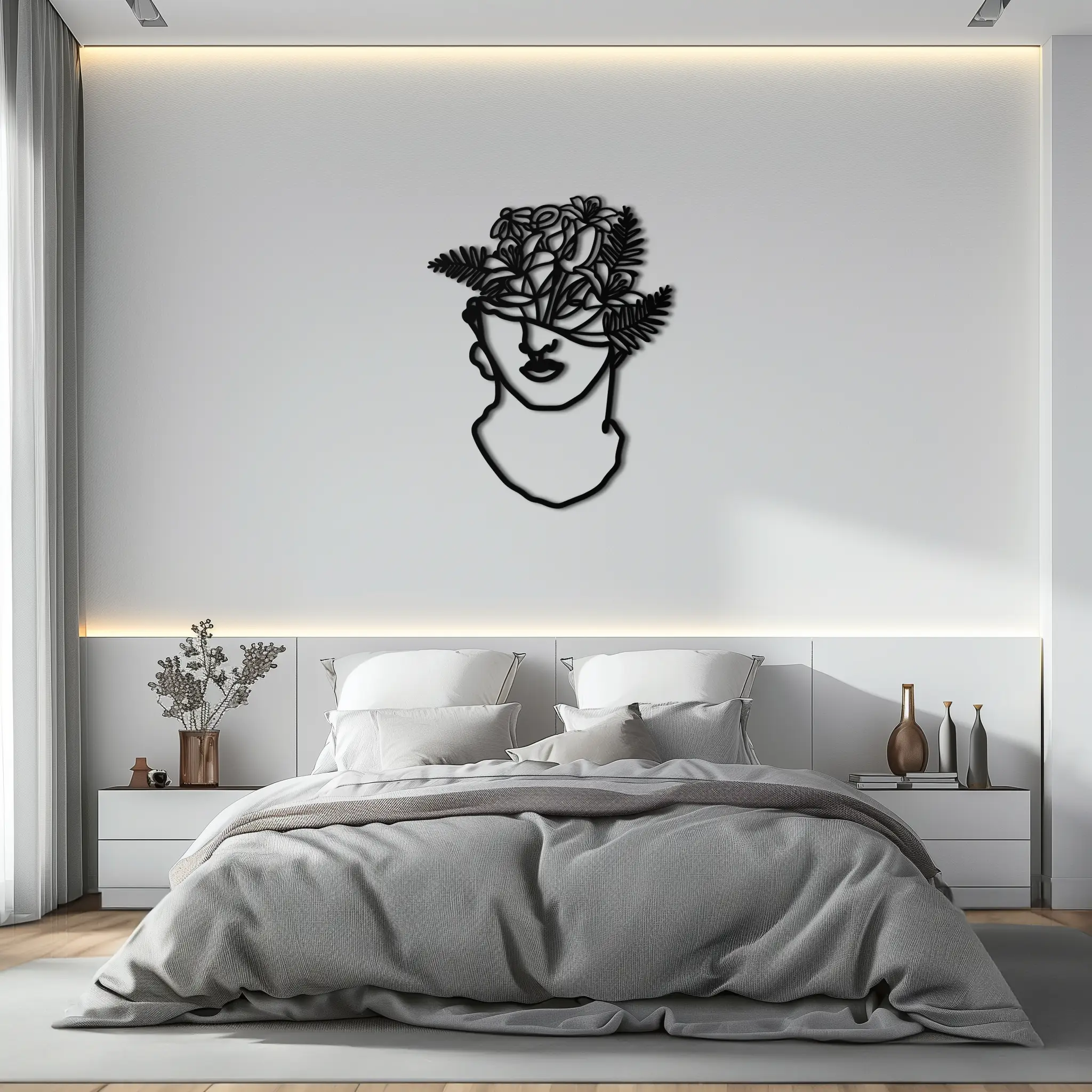 Floral Greek Statue Line Art – Modern Abstract Face Metal Wall Decor- KAF394 by Enova Art