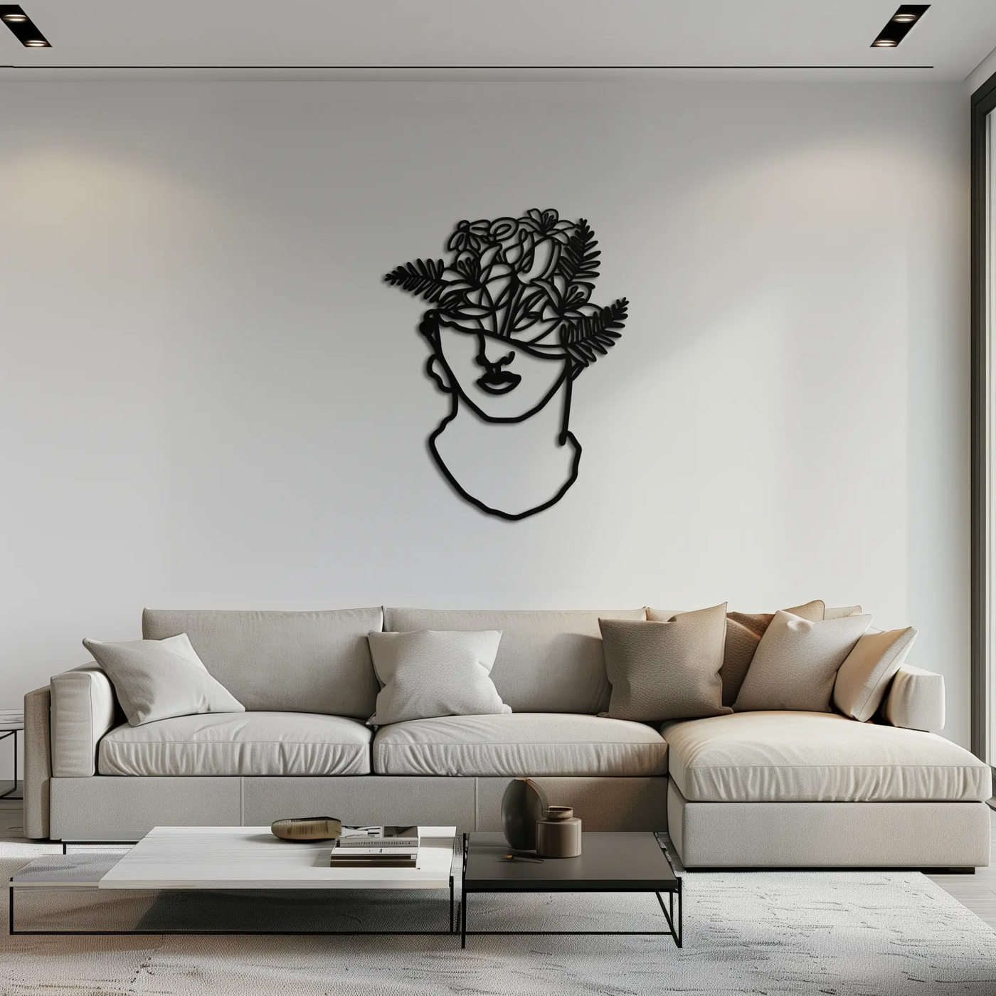 Floral Greek Statue Line Art – Modern Abstract Face Metal Wall Decor- KAF394 by Enova Art