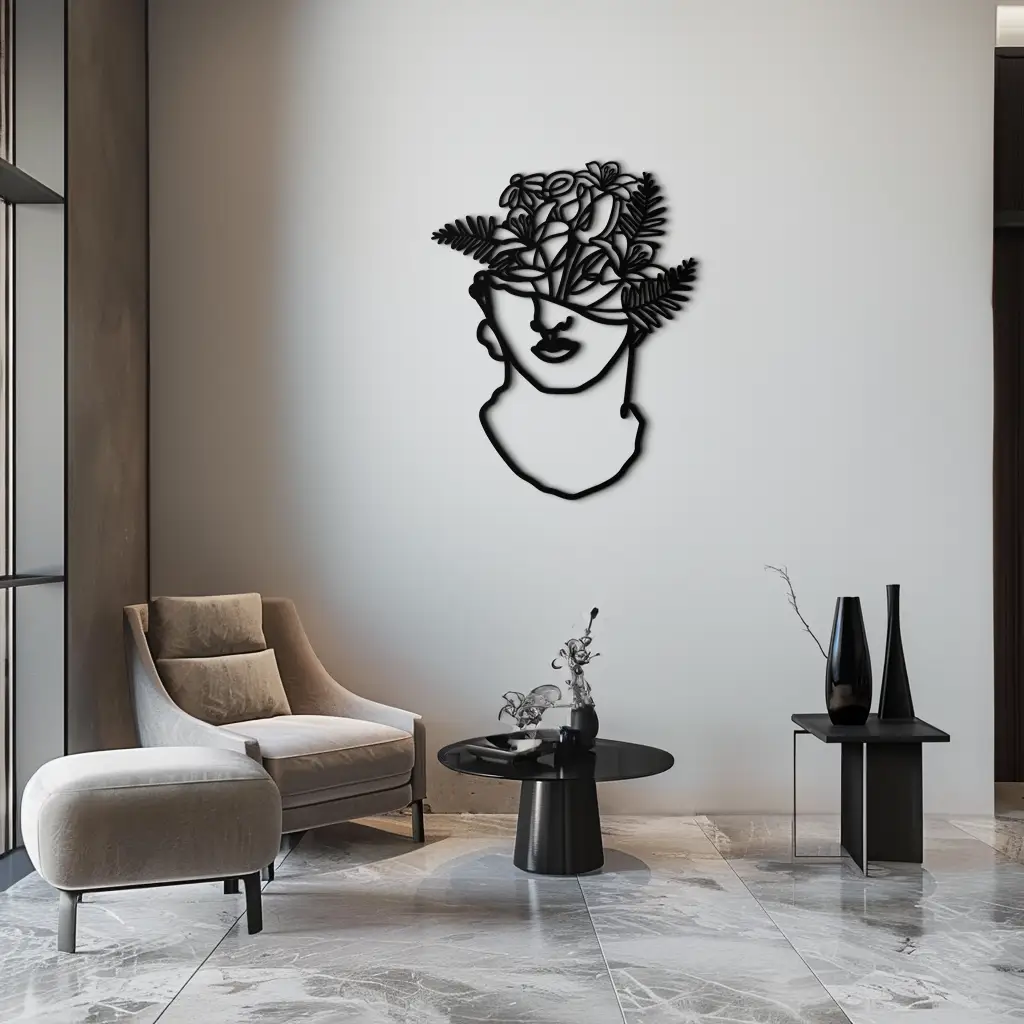 Floral Greek Statue Line Art – Modern Abstract Face Metal Wall Decor- KAF394 by Enova Art