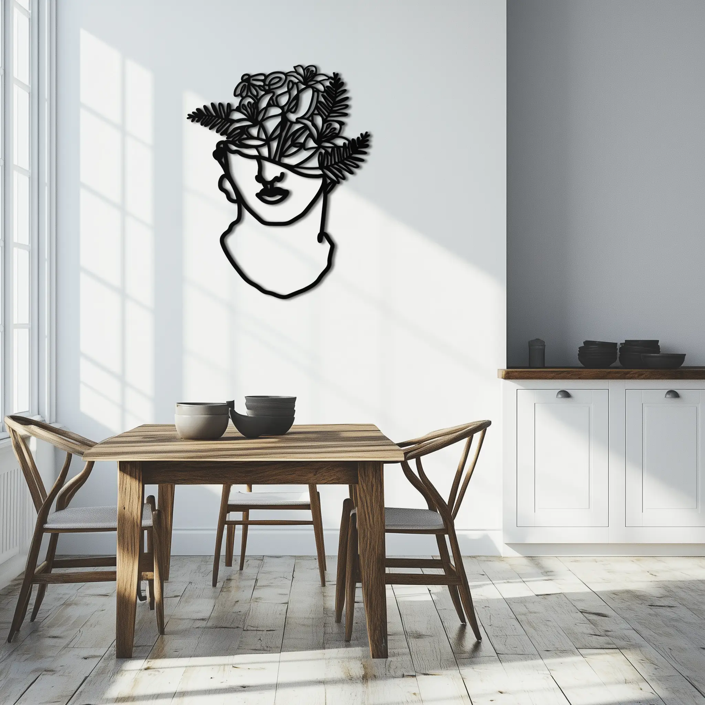 Floral Greek Statue Line Art – Modern Abstract Face Metal Wall Decor- KAF394 by Enova Art