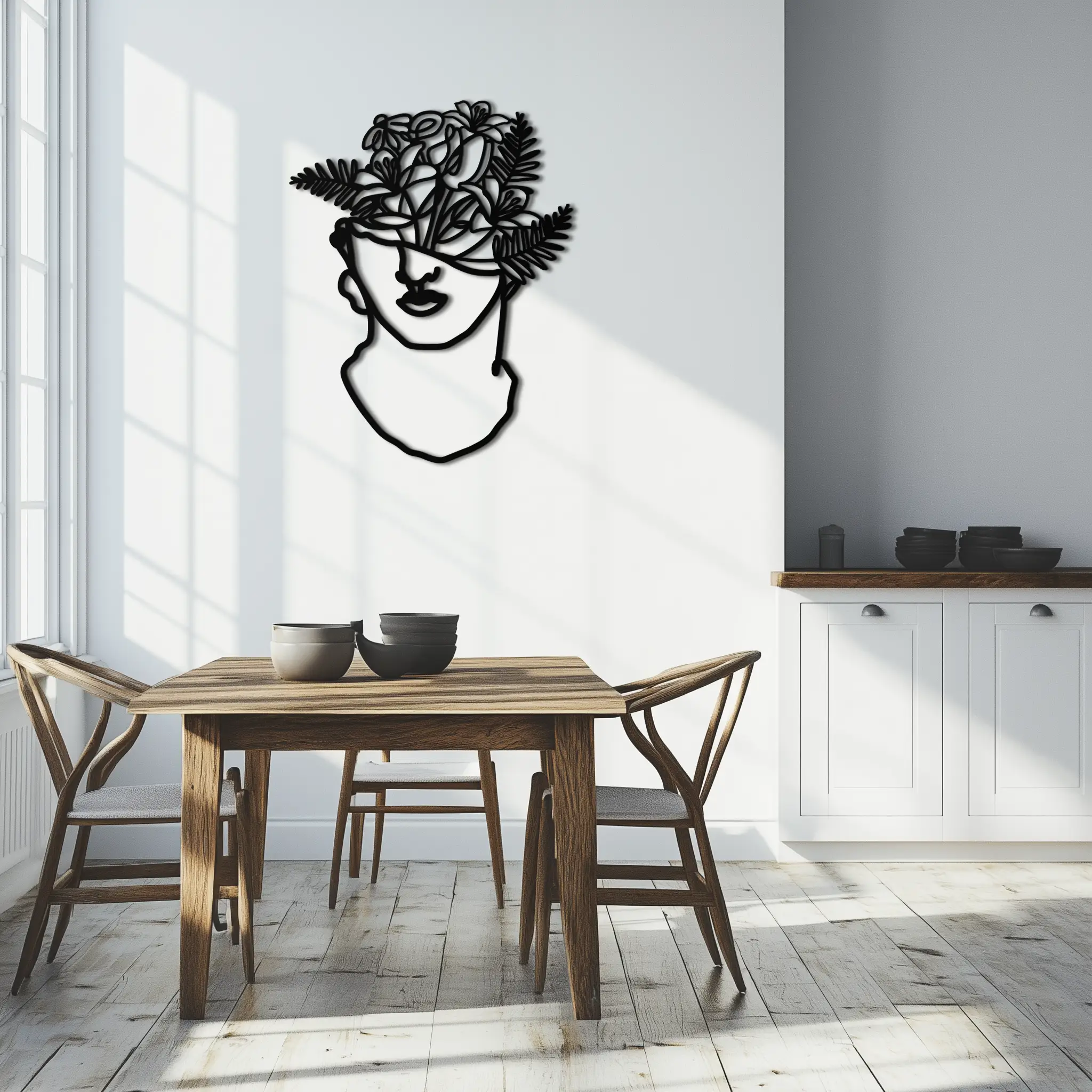 Floral Greek Statue Line Art – Modern Abstract Face Metal Wall Decor- KAF394 by Enova Art