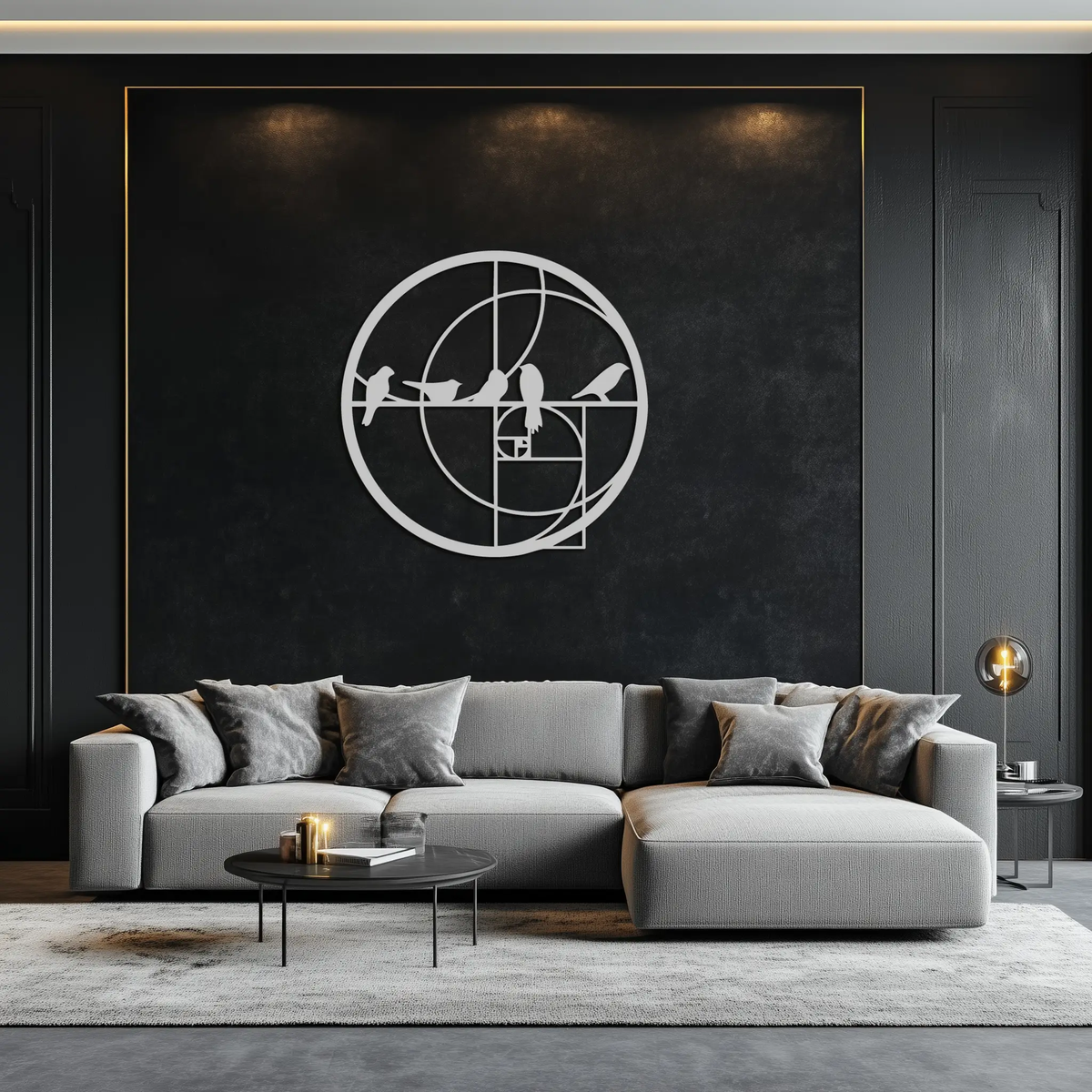 Golden Ratio Birds Metal Wall Art – Fibonacci Spiral and Birds Silhouette Black Steel Decor for Modern Interiors- KAF410 by Enova Art