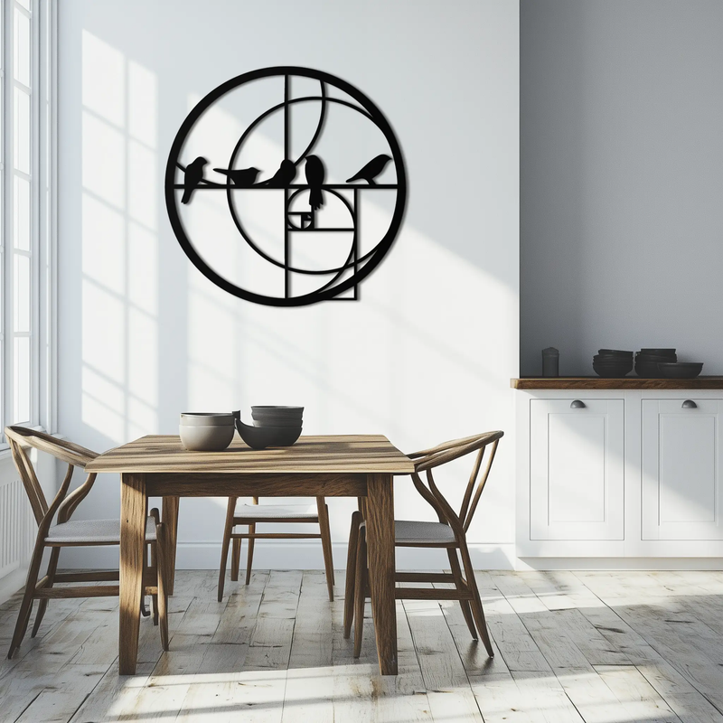 Golden Ratio Birds Metal Wall Art – Fibonacci Spiral and Birds Silhouette Black Steel Decor for Modern Interiors- KAF410 by Enova Art