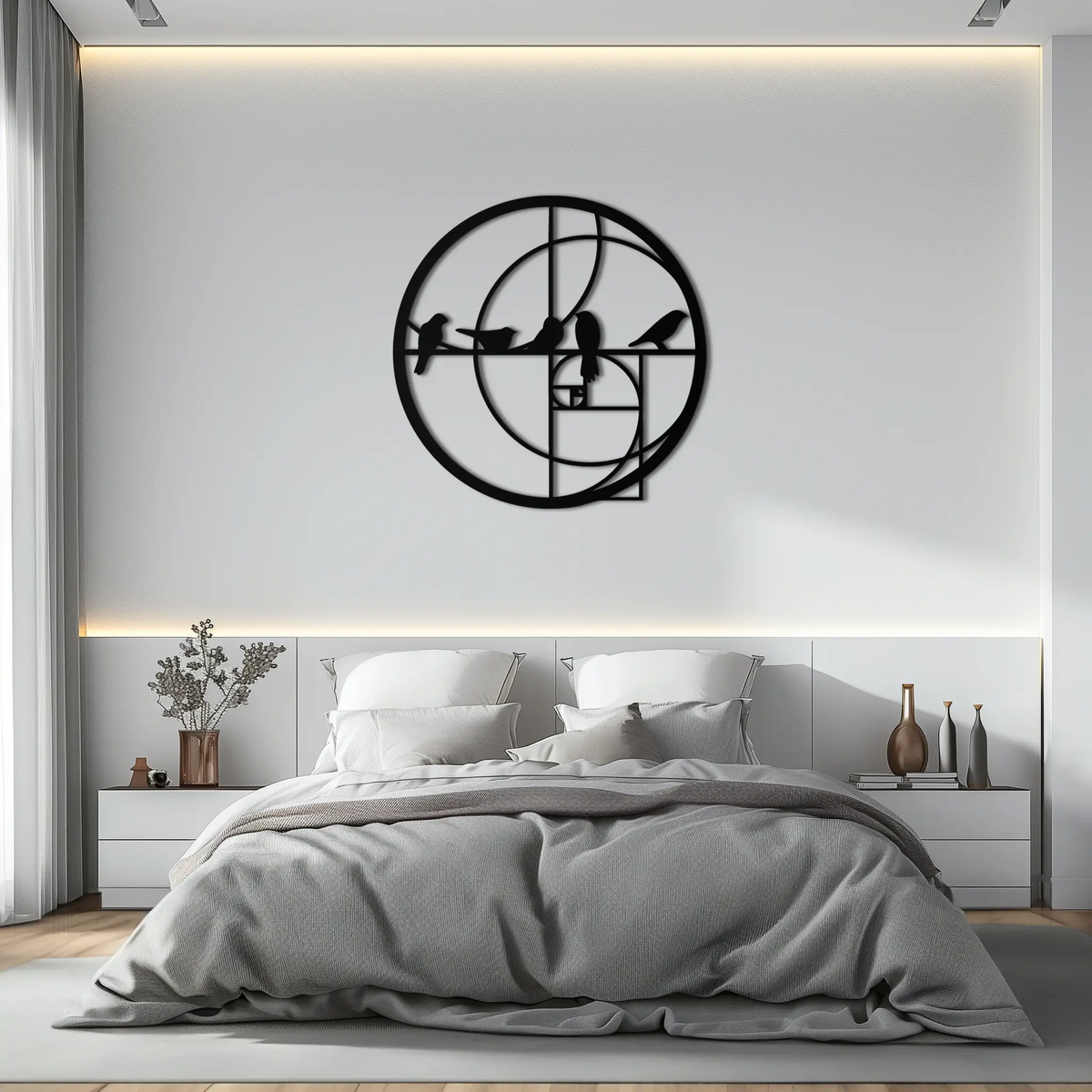 Golden Ratio Birds Metal Wall Art – Fibonacci Spiral and Birds Silhouette Black Steel Decor for Modern Interiors- KAF410 by Enova Art