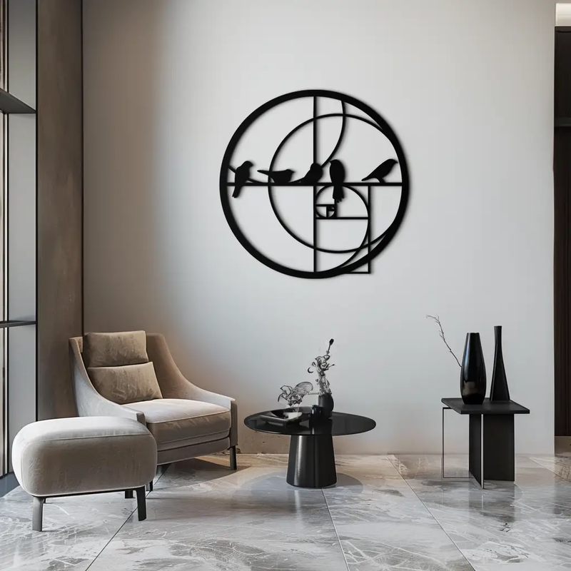 Golden Ratio Birds Metal Wall Art – Fibonacci Spiral and Birds Silhouette Black Steel Decor for Modern Interiors- KAF410 by Enova Art