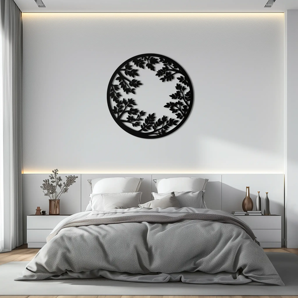 Round Leafy Branches Metal Wall Art – Nature Inspired Circular Black Steel Decor for Modern Interior and Garden- KAF411