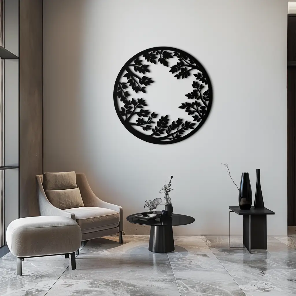 Round Leafy Branches Metal Wall Art – Nature Inspired Circular Black Steel Decor for Modern Interior and Garden- KAF411 by Enova Art