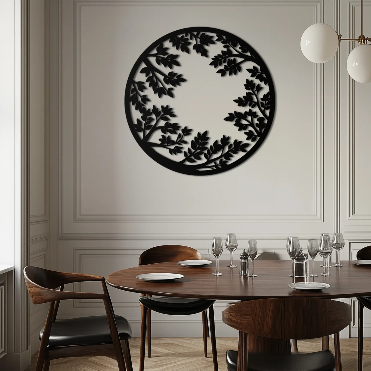 Round Leafy Branches Metal Wall Art – Nature Inspired Circular Black Steel Decor for Modern Interior and Garden- KAF411 by Enova Art