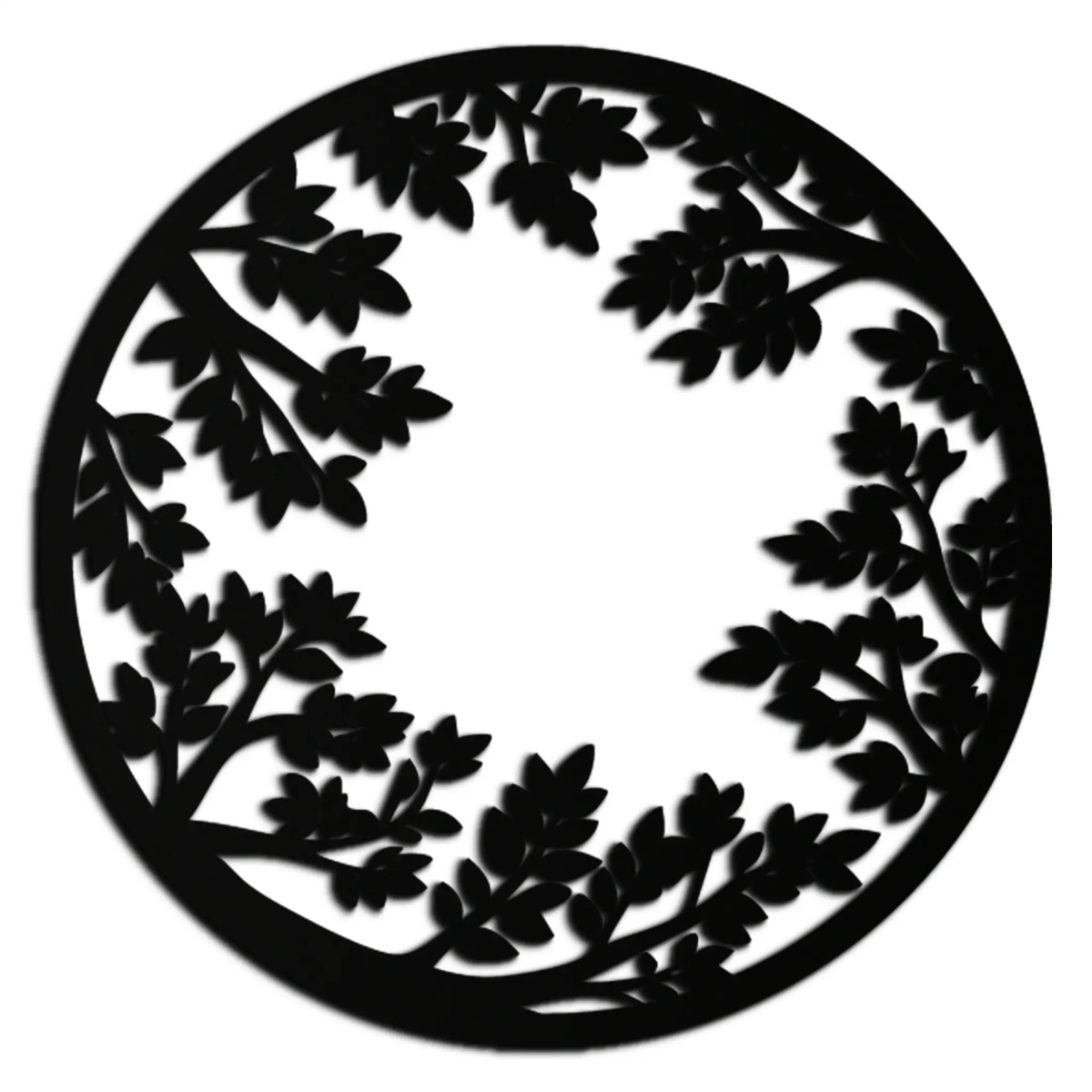 Round Leafy Branches Metal Wall Art – Nature Inspired Circular Black Steel Decor for Modern Interior and Garden- KAF411 by Enova Art