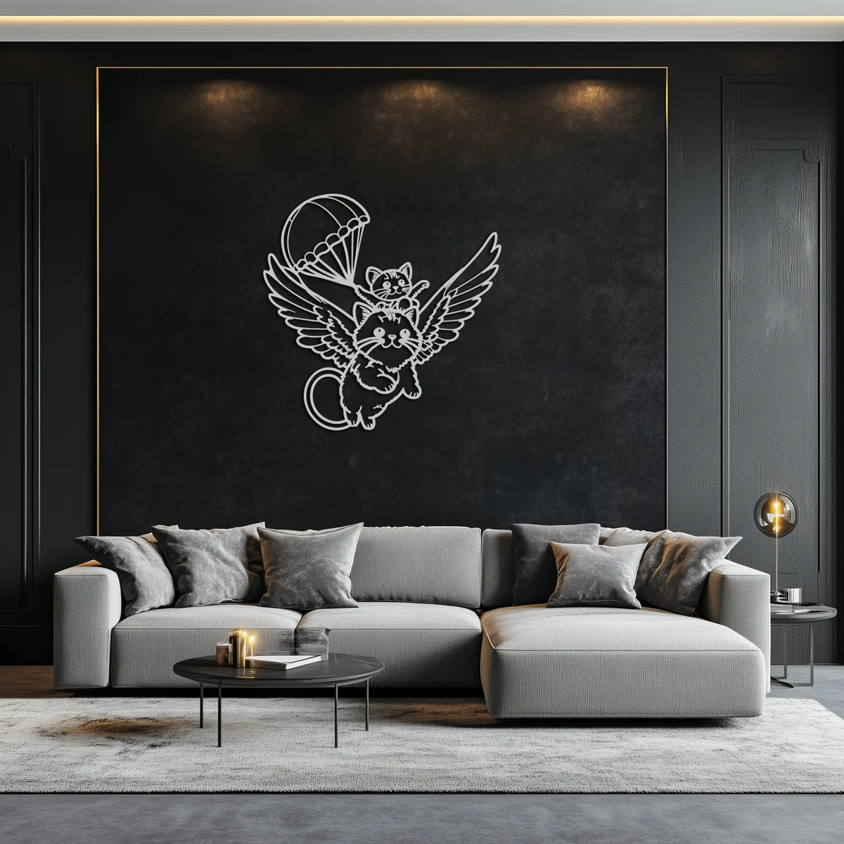 Flying Cats with Parachute Metal Wall Art – Adorable Winged Cat & Kitten Steel Decor for Kids Room and Nursery- KAF413 by Enova Art
