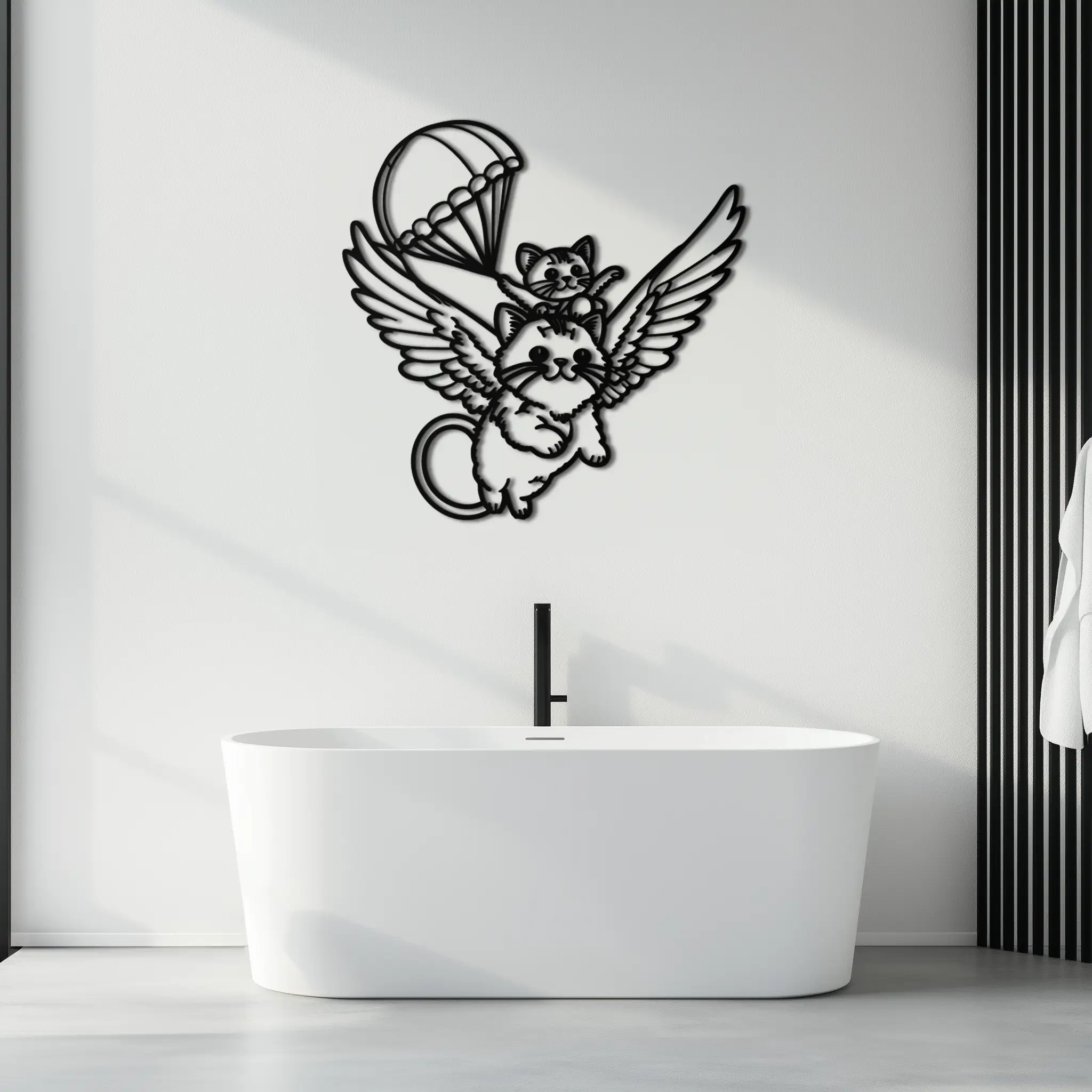 Flying Cats with Parachute Metal Wall Art – Adorable Winged Cat & Kitten Steel Decor for Kids Room and Nursery- KAF413 by Enova Art