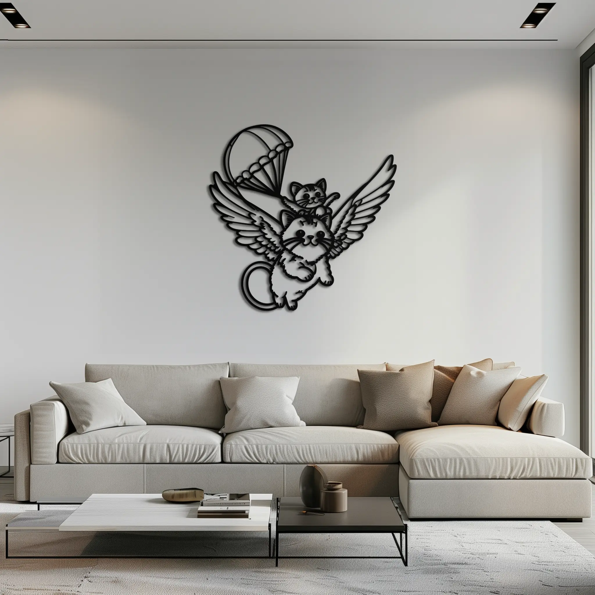 Flying Cats with Parachute Metal Wall Art – Adorable Winged Cat & Kitten Steel Decor for Kids Room and Nursery- KAF413 by Enova Art
