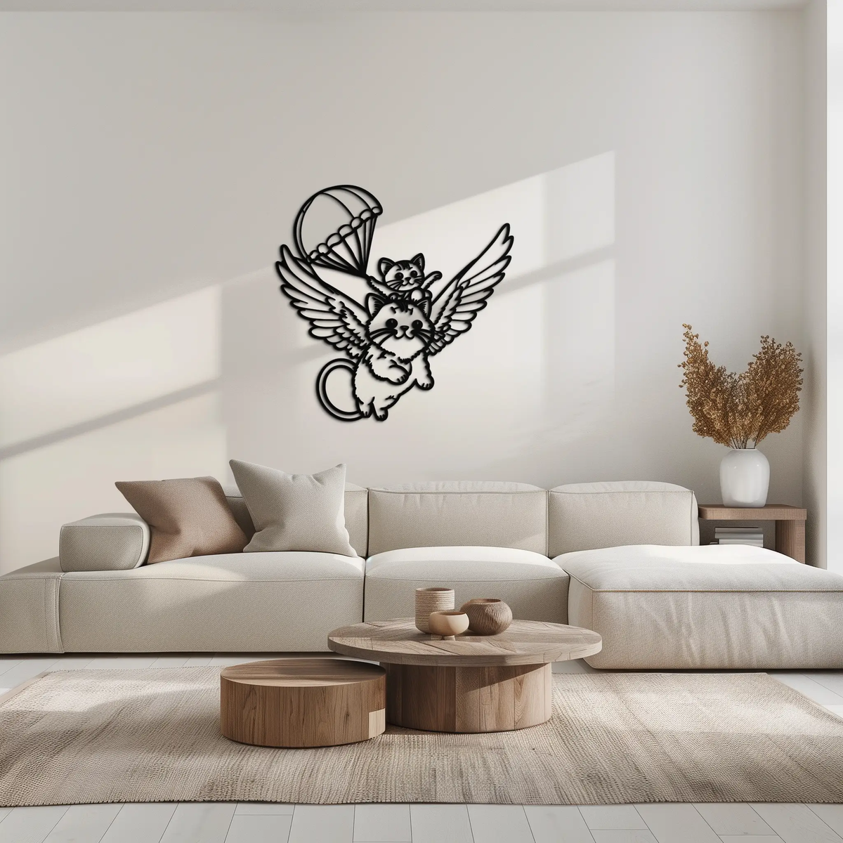 Flying Cats with Parachute Metal Wall Art – Adorable Winged Cat & Kitten Steel Decor for Kids Room and Nursery- KAF413 by Enova Art