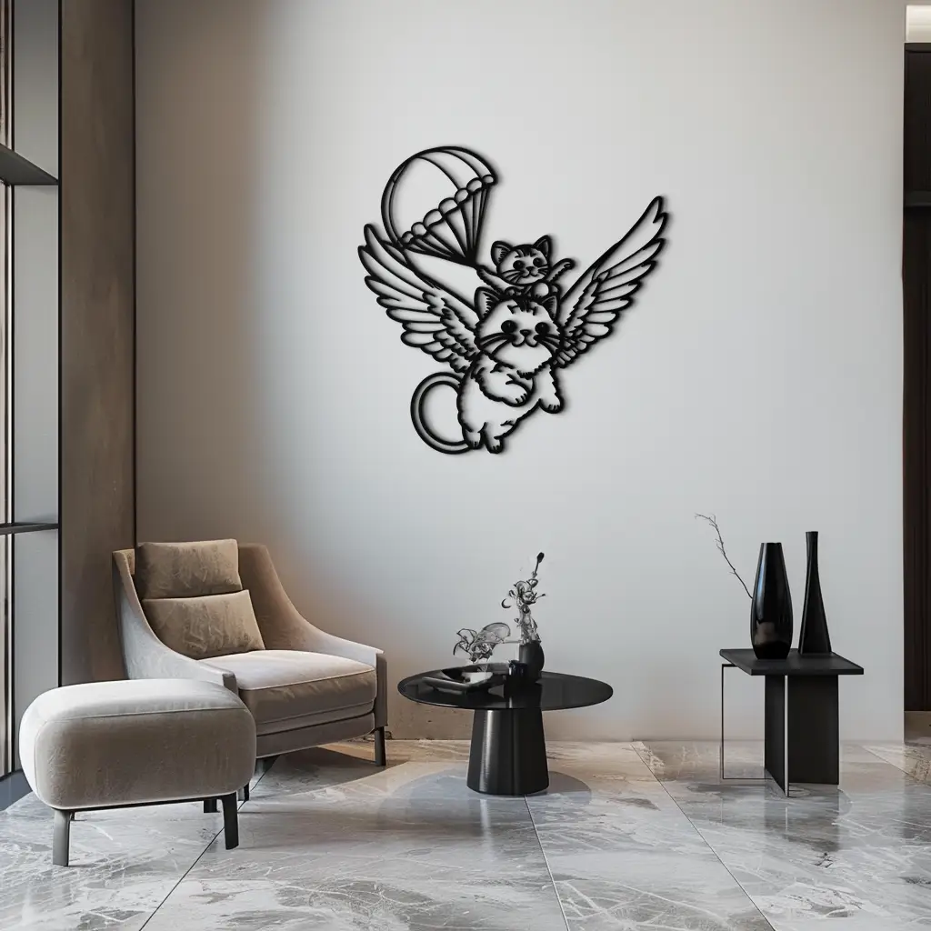 Flying Cats with Parachute Metal Wall Art – Adorable Winged Cat & Kitten Steel Decor for Kids Room and Nursery- KAF413 by Enova Art