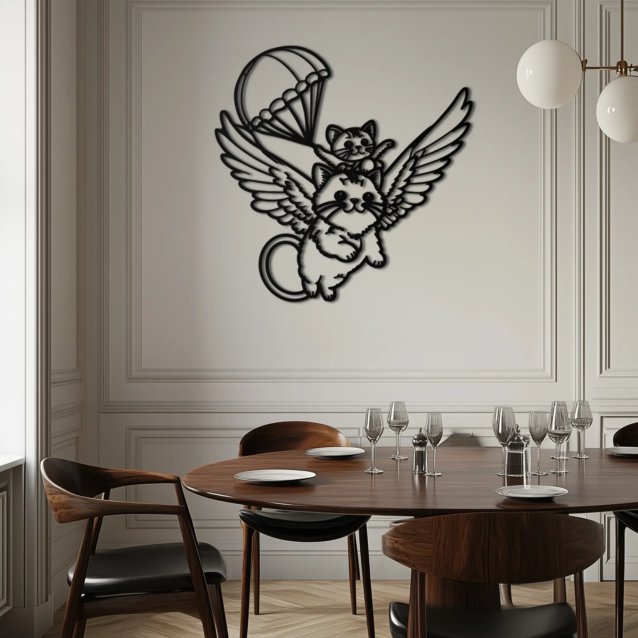 Flying Cats with Parachute Metal Wall Art – Adorable Winged Cat & Kitten Steel Decor for Kids Room and Nursery- KAF413 by Enova Art