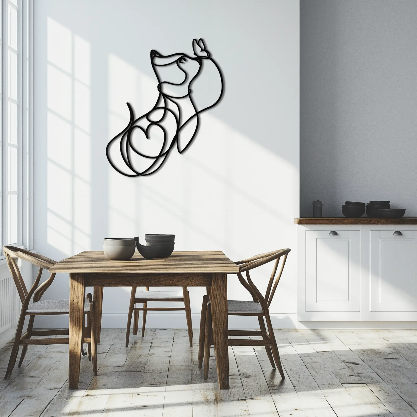 Dog and Butterfly Line Art Metal Wall Decor – Minimalist Pet Silhouette Black Steel Artwork for Home Interiors- KAF414 by Enova Art