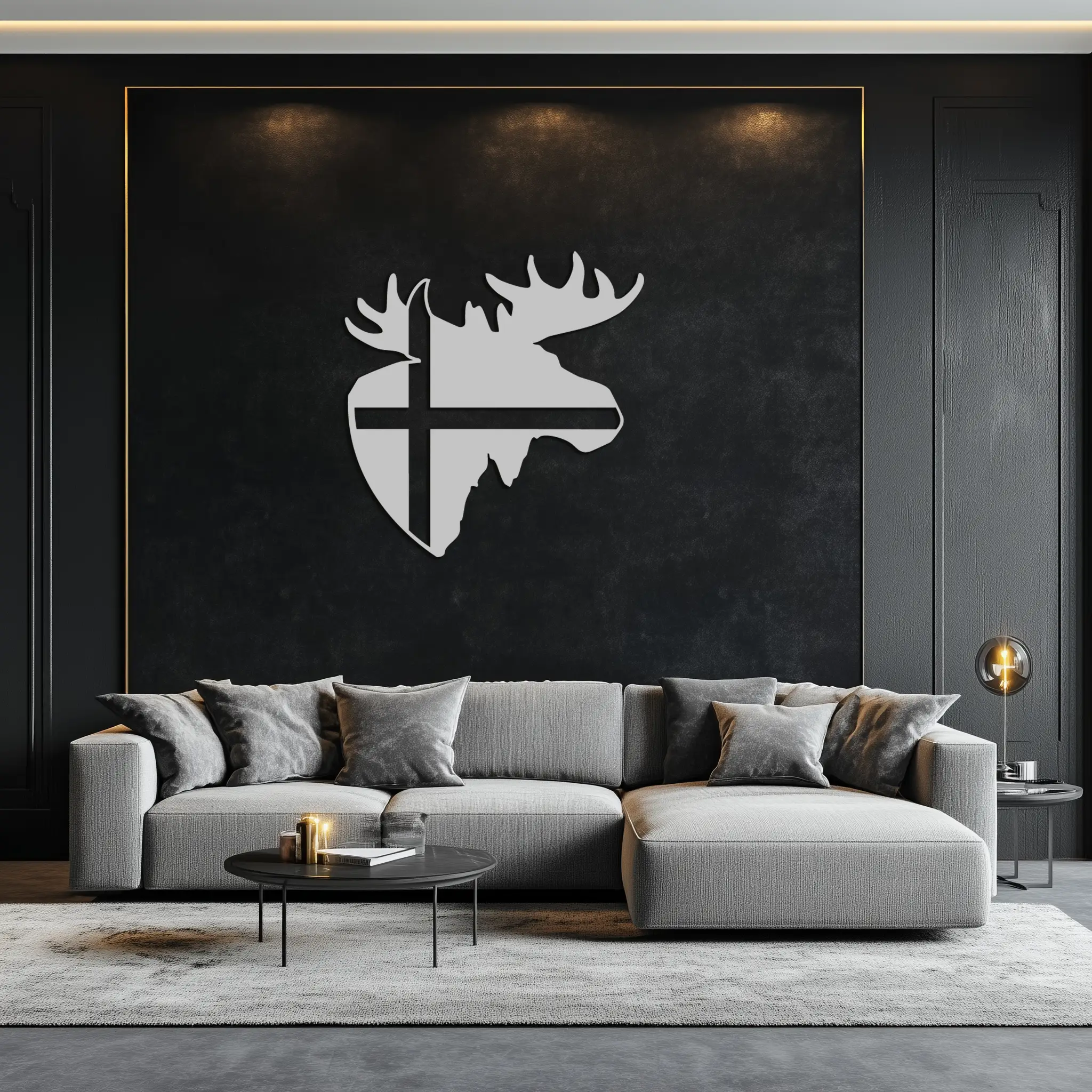 Nordic Moose Silhouette Metal Wall Art – Scandinavian Elk Head with Cross Decor for Modern Rustic Interiors- KAF415 by Enova Art