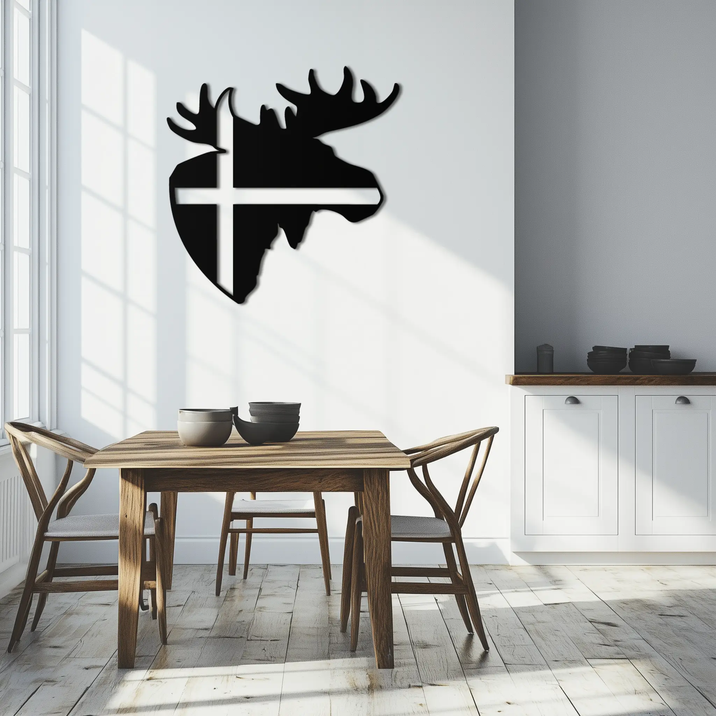 Nordic Moose Silhouette Metal Wall Art – Scandinavian Elk Head with Cross Decor for Modern Rustic Interiors- KAF415 by Enova Art